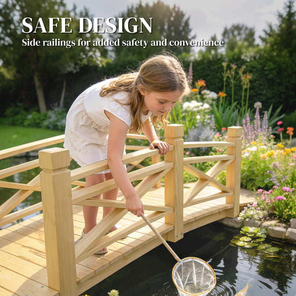 Pont de Jardin en Bois Carbonisé Arqué 1,74m - Passerelle avec Main Courante Sécurisée et Charge 200kg - Décoration Extérieure Traitée et Résistante, Naturel