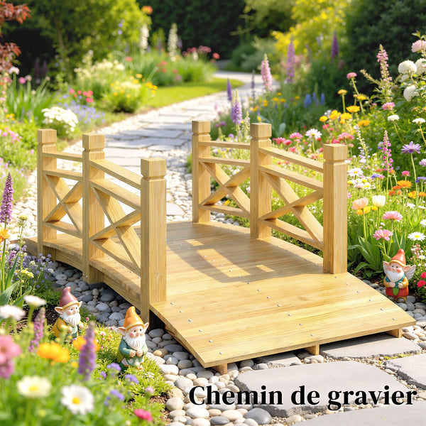 Pont de Jardin en Bois Carbonisé Arqué 1,74m - Passerelle avec Main Courante Sécurisée et Charge 200kg - Décoration Extérieure Traitée et Résistante, Naturel