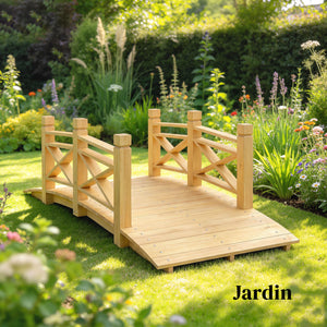Pont de Jardin en Bois Carbonisé Arqué 1,74m - Passerelle avec Main Courante Sécurisée et Charge 200kg - Décoration Extérieure Traitée et Résistante, Naturel