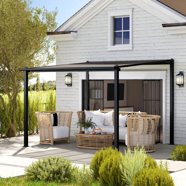Pergola jardin extérieur en aluminium 3 x 3 m pergola adossée avec toit en polycarbonate imperméable, système de drainage, tonnelle de jardin abri soleil UPF30+ pour terrasse patio cour, gris