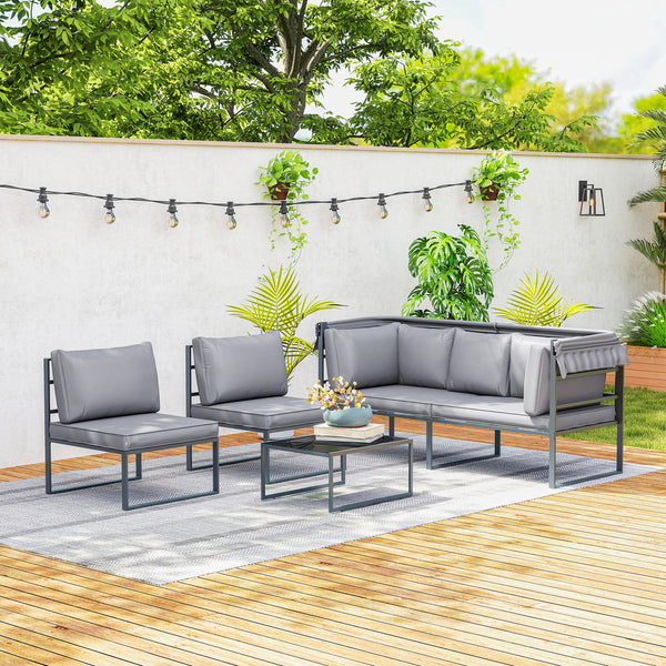 Salon de jardin extérieur 4 pièces modulaire avec canapé 3 places, 2 chaises et table basse en verre trempé, coussins inclus, mobilier de jardin terrasse veranda, gris