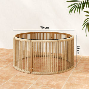 Table Basse de Jardin Ronde en Résine Tressée, Table d'Appoint avec Plateau en Verre Trempé et Cadre en Acier Galvanisé pour Patio, Jardin, Salon, 70x70x33cm, Marron