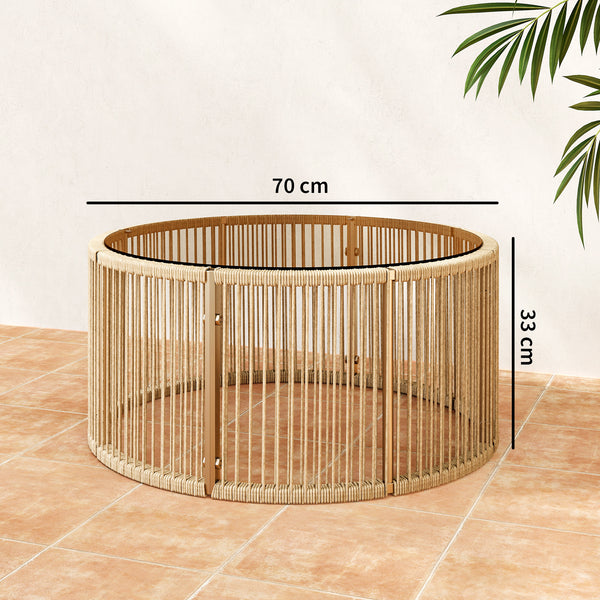 Table Basse de Jardin Ronde en Résine Tressée, Table d'Appoint avec Plateau en Verre Trempé et Cadre en Acier Galvanisé pour Patio, Jardin, Salon, 70x70x33cm, Marron