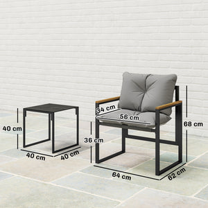 Salon de jardin 3 pièces 2 places avec 2 fauteuils 1 table basse, ensemble de jardin avec plateau en verre trempé et coussins épais, métal et textilène, pour patio, balcon, terrasse, gris