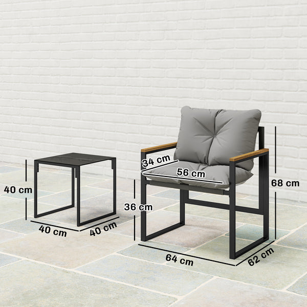 Salon de jardin 3 pièces 2 places avec 2 fauteuils 1 table basse, ensemble de jardin avec plateau en verre trempé et coussins épais, métal et textilène, pour patio, balcon, terrasse, gris