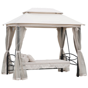 Balancelle de Jardin 3 Places Convertible Style Colonial Grand Confort 2 Coussins + Matelas + moustiquaires Inclus Noir Beige