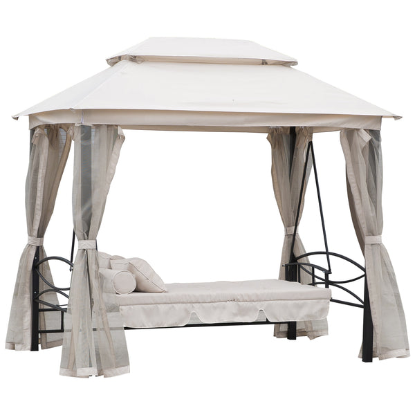 Balancelle de Jardin 3 Places Convertible Style Colonial Grand Confort 2 Coussins + Matelas + moustiquaires Inclus Noir Beige