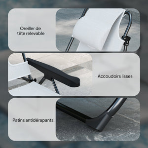 Bain de soleil chaise longue pliante avec appuie-tête, trou de lecture, dossier inclinable en textilène, transat jardin extérieur pour plage relax camping piscine terrasse, crème