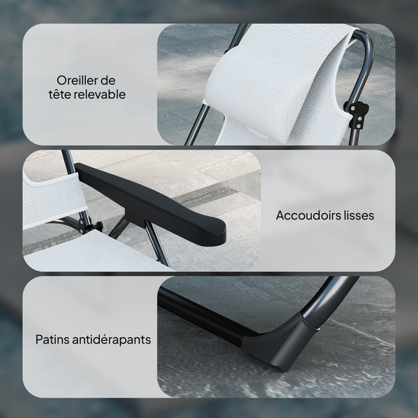 Bain de soleil chaise longue pliante avec appuie-tête, trou de lecture, dossier inclinable en textilène, transat jardin extérieur pour plage relax camping piscine terrasse, crème
