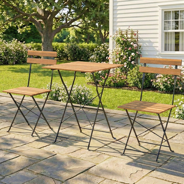 Ensemble de Salon de Jardin Bistrot 3 Pièces, Mobilier de Terrasse avec 2 Chaises Pliantes et Table Carrée en Bois d'Acacia, Cadre en Métal, pour Balcon Patio Jardin, Naturel