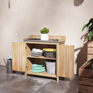 Table de rempotage armoire de rangement de jardin avec 2 étagères, plateau galvanisé patins antidérapants en bois sapin