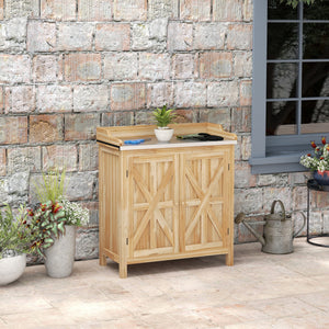 Table de rempotage armoire de rangement de jardin avec 2 étagères, plateau galvanisé patins antidérapants en bois sapin