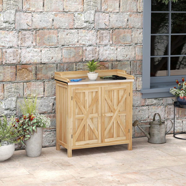 Table de rempotage armoire de rangement de jardin avec 2 étagères, plateau galvanisé patins antidérapants en bois sapin