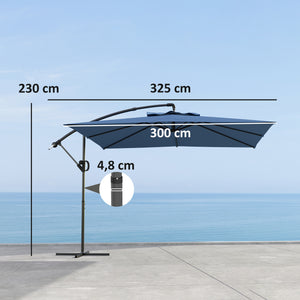 Parasol déporté carré 3 x 3 m, parasol de jardin extérieur avec manivelle, base croisée, parasol inclinable et rotation à 360°, toile polyester 180 g/m², protection UV UPF50+, bleu clair