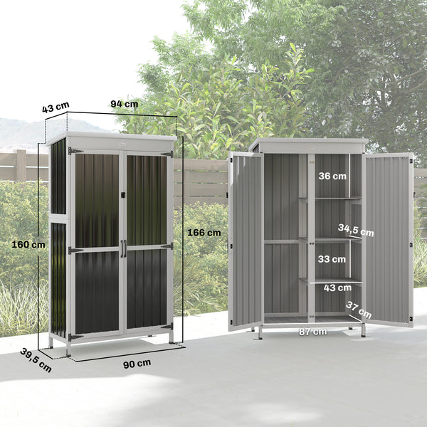 Armoire de Jardin en Bois et Acier Galvanisé, 3 Étagères Amovibles, Portes Doubles avec Fermeture Métallique, Toit en Asphalte Hydrofuge, Base Surélevée, Armoire à Outils pour Jardin, Noir