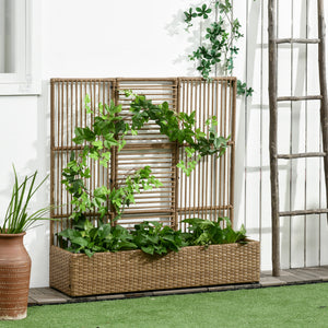 Jardinière avec treillis jardinière sur pied support pour plantes avec treillis bac à fleurs rectangulaire en résine tressée PE et acier dim. 103L x 29l x 103H cm marron
