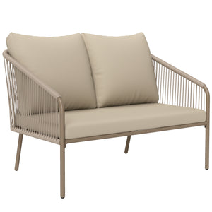 Canapé de jardin 2 places en résine tressée avec coussins, canapé d'extérieur avec accoudoirs, cadre en acier pour balcon, beige
