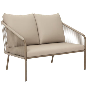Canapé de jardin 2 places en résine tressée avec coussins, canapé d'extérieur avec accoudoirs, cadre en acier pour balcon, beige