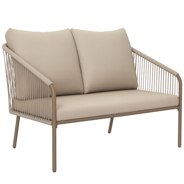 Canapé de jardin 2 places en résine tressée avec coussins, canapé d'extérieur avec accoudoirs, cadre en acier pour balcon, beige