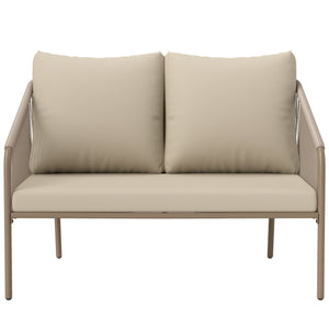Canapé de jardin 2 places en résine tressée avec coussins, canapé d'extérieur avec accoudoirs, cadre en acier pour balcon, beige