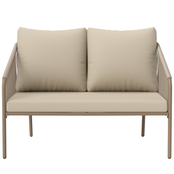 Canapé de jardin 2 places en résine tressée avec coussins, canapé d'extérieur avec accoudoirs, cadre en acier pour balcon, beige