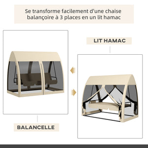 Balancelle de jardin convertible 3 places, balancelle d'extérieur avec auvent et coussins, filet avec fermetures éclair, poche, pour jardin, cour, beige