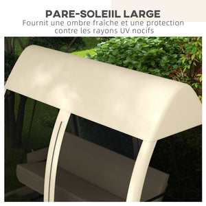 Balancelle de jardin convertible 3 places, balancelle d'extérieur avec auvent et coussins, filet avec fermetures éclair, poche, pour jardin, cour, beige
