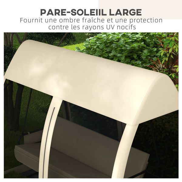 Balancelle de jardin convertible 3 places, balancelle d'extérieur avec auvent et coussins, filet avec fermetures éclair, poche, pour jardin, cour, beige