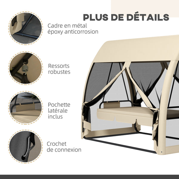 Balancelle de jardin convertible 3 places, balancelle d'extérieur avec auvent et coussins, filet avec fermetures éclair, poche, pour jardin, cour, beige