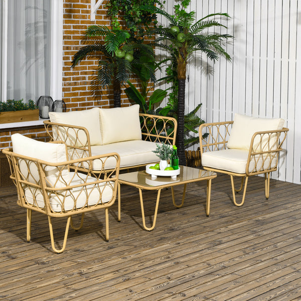 Ensemble salon de jardin 4 pièces canapé 2 places + 2 fauteuils + 1 table basse plateau verre trempé 7 coussins - métal et résine tressée - écru