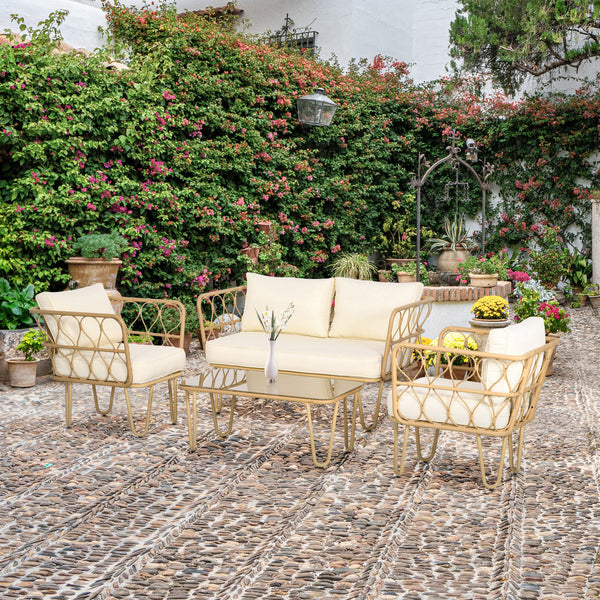Ensemble salon de jardin 4 pièces canapé 2 places + 2 fauteuils + 1 table basse plateau verre trempé 7 coussins - métal et résine tressée - écru