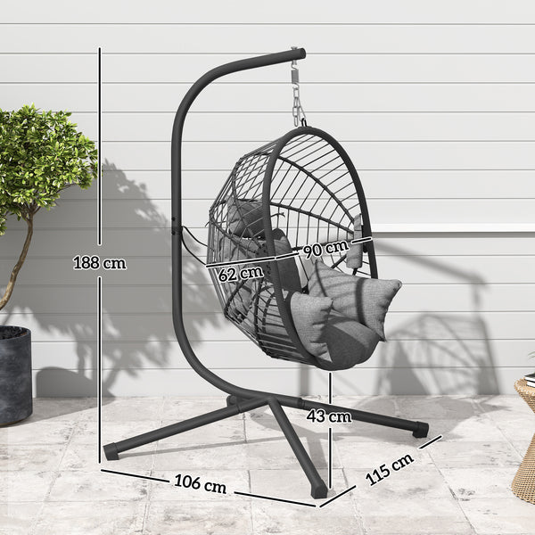 Fauteuil suspendu, fauteuil œuf suspendu, chaise hamac balançoire - panier pliable, coussin rembourré, poche, oreiller, chaise suspendue cocooning intérieur et extérieur, gris