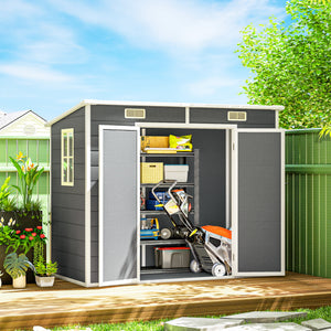 Abri de jardin 2,54 m² cabane de jardin extérieur 2,4 x 1,3 m cabanon rangement outils avec fondation, fenêtre, portes verrouillables et 2 aérations, abri à outils en aluminium et PP, gris