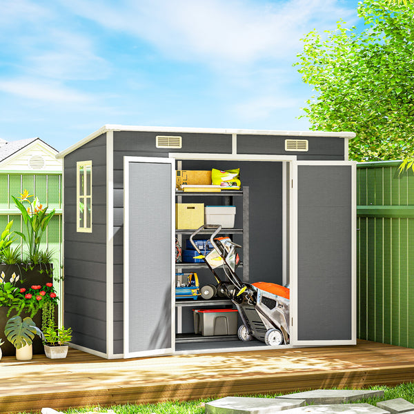 Abri de jardin 2,54 m² cabane de jardin extérieur 2,4 x 1,3 m cabanon rangement outils avec fondation, fenêtre, portes verrouillables et 2 aérations, abri à outils en aluminium et PP, gris