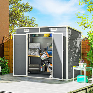 Abri de jardin 2,54 m² cabane de jardin extérieur 2,4 x 1,3 m cabanon rangement outils avec fondation, fenêtre, portes verrouillables et 2 aérations, abri à outils en aluminium et PP, gris