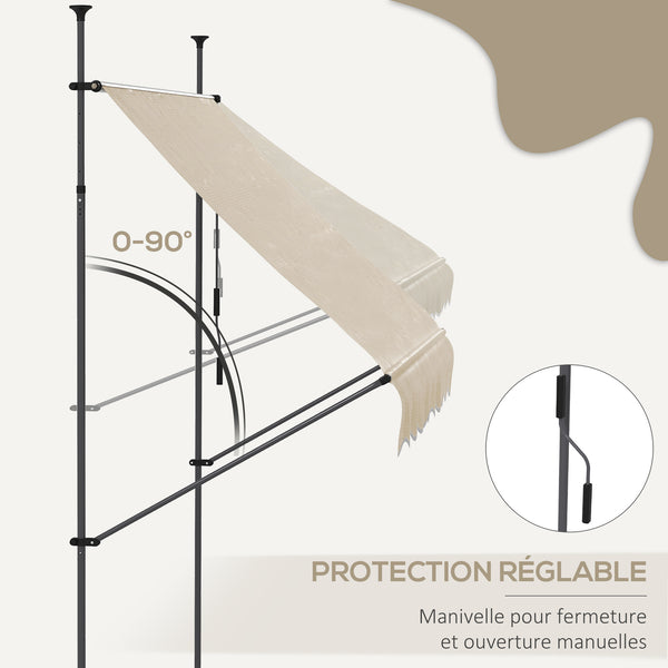 Store banne autoportant manuel auvent rétractable 2,5L x 1,2l x 2,1-3H m inclinaison réglable pour balcon sans trous à percer métal alu polyester sable
