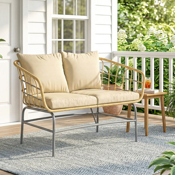 Canapé de Jardin 2 Places en Résine Tressée - Salon de Jardin Extérieur avec Coussins Épais Anti-glisse - Banquette de Balcon et Terrasse en Rotin Design pour Mobilier de Jardin, Marron