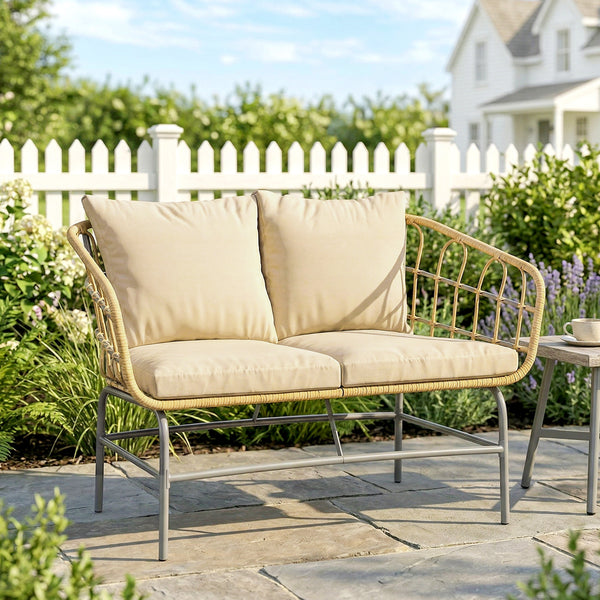 Canapé de Jardin 2 Places en Résine Tressée - Salon de Jardin Extérieur avec Coussins Épais Anti-glisse - Banquette de Balcon et Terrasse en Rotin Design pour Mobilier de Jardin, Marron