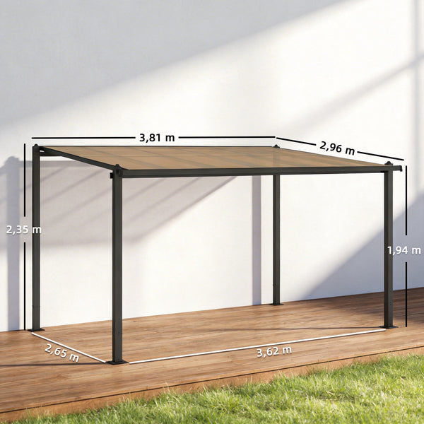 Pergola adossée 3,8 x 3 m avec toit étanche en polycarbonate, structure en aluminium, auvent rigide avec gouttières intégrées, ombrage extérieur robuste, gris foncé
