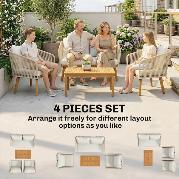 Ensemble de jardin 4 pièces en polyrattan - Salon avec canapé 2 places, 2 fauteuils, table à lattes en acacia, coussins épais lavables, mobilier balcon pour 4 personnes, ensemble pour jardin/balcon blanc crème