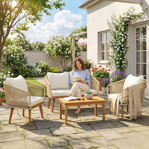 Ensemble de jardin 4 pièces en polyrattan - Salon avec canapé 2 places, 2 fauteuils, table à lattes en acacia, coussins épais lavables, mobilier balcon pour 4 personnes, ensemble pour jardin/balcon blanc crème