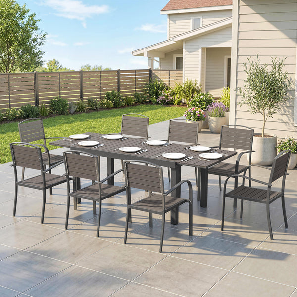 Salon de Jardin 8 Personnes - Table de Jardin Extensible 150-225cm avec Plateau Polybois et 8 Chaises - Ensemble Repas Extérieur en Aluminium pour Terrasse, Balcon et Véranda, Gris