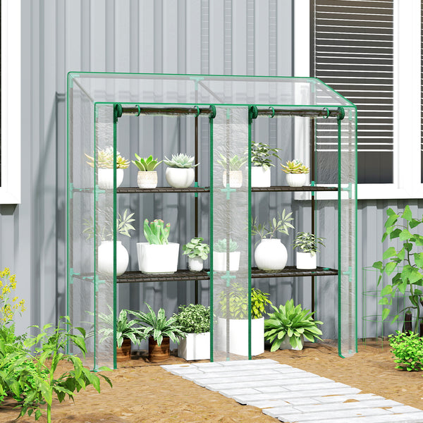 Serre de jardin PE avec étagères 3 niveaux, serre de balcon, bâche renforcée 140 g/m², châssis en acier, 2 portes zippées enroulables, pour légumes plantes fleurs, 143x46x51cm, transparent
