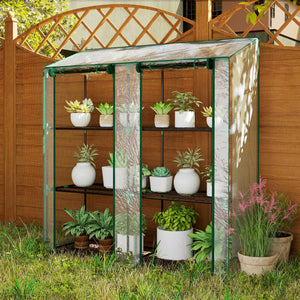 Serre de jardin PE avec étagères 3 niveaux, serre de balcon, bâche renforcée 140 g/m², châssis en acier, 2 portes zippées enroulables, pour légumes plantes fleurs, 143x46x51cm, transparent