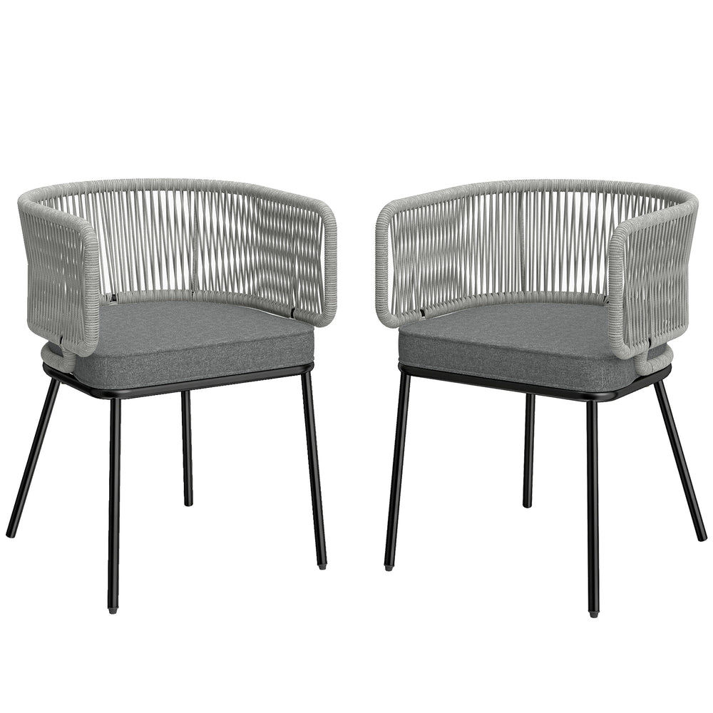 Lot de 2 Fauteuils de Jardin, Chaises de Balcon avec Dossier et Accoudoirs en Corde Résine Tressée, Coussins Amovibles, Cadre en Acier, Chaise de Jardin pour Plage Balcon Terrasse, Gris Clair