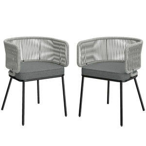 Lot de 2 Fauteuils de Jardin, Chaises de Balcon avec Dossier et Accoudoirs en Corde Résine Tressée, Coussins Amovibles, Cadre en Acier, Chaise de Jardin pour Plage Balcon Terrasse, Gris Clair