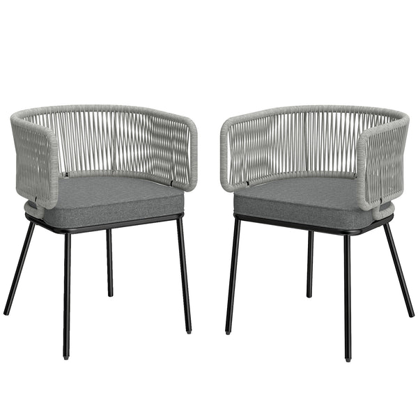 Lot de 2 Fauteuils de Jardin, Chaises de Balcon avec Dossier et Accoudoirs en Corde Résine Tressée, Coussins Amovibles, Cadre en Acier, Chaise de Jardin pour Plage Balcon Terrasse, Gris Clair