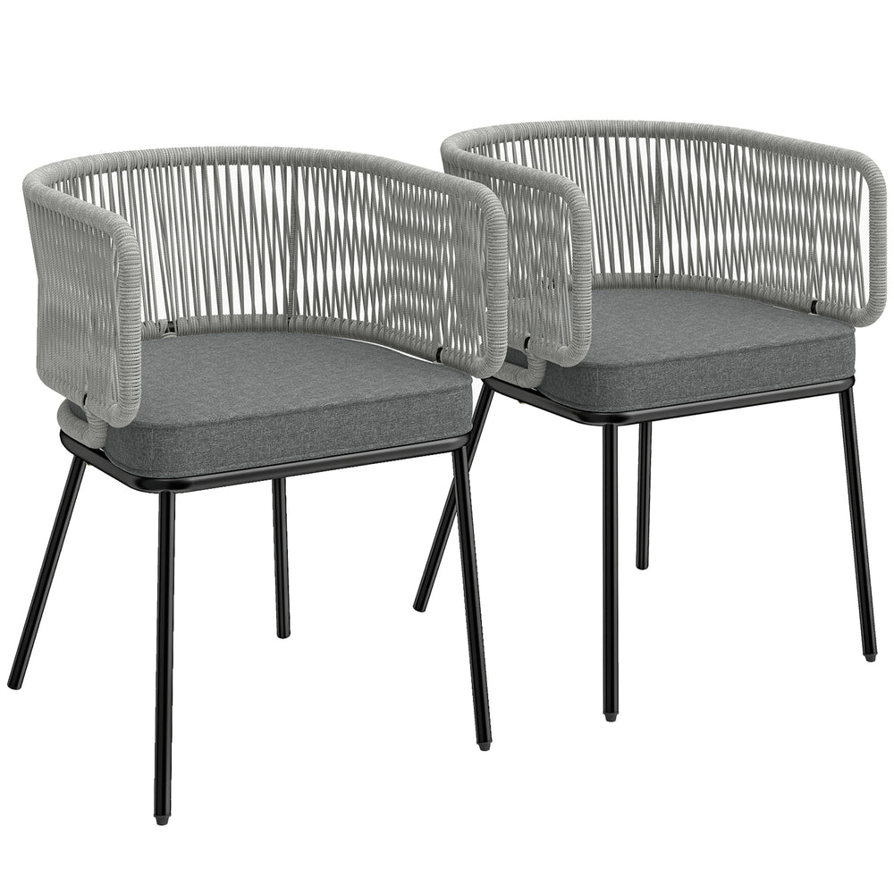 Lot de 2 Fauteuils de Jardin, Chaises de Balcon avec Dossier et Accoudoirs en Corde Résine Tressée, Coussins Amovibles, Cadre en Acier, Chaise de Jardin pour Plage Balcon Terrasse, Gris Clair