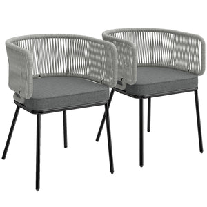 Lot de 2 Fauteuils de Jardin, Chaises de Balcon avec Dossier et Accoudoirs en Corde Résine Tressée, Coussins Amovibles, Cadre en Acier, Chaise de Jardin pour Plage Balcon Terrasse, Gris Clair