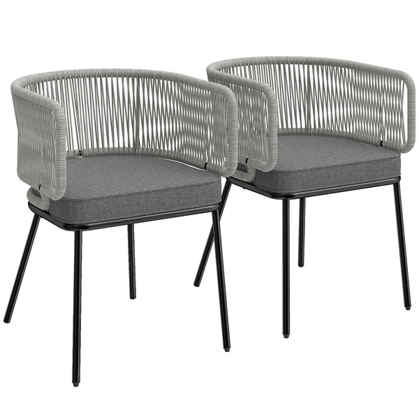 Lot de 2 Fauteuils de Jardin, Chaises de Balcon avec Dossier et Accoudoirs en Corde Résine Tressée, Coussins Amovibles, Cadre en Acier, Chaise de Jardin pour Plage Balcon Terrasse, Gris Clair